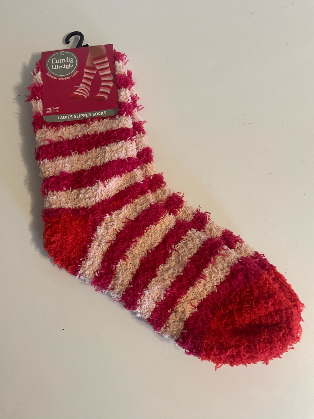 Ladies Striped Slipper Socks - Pink & Red